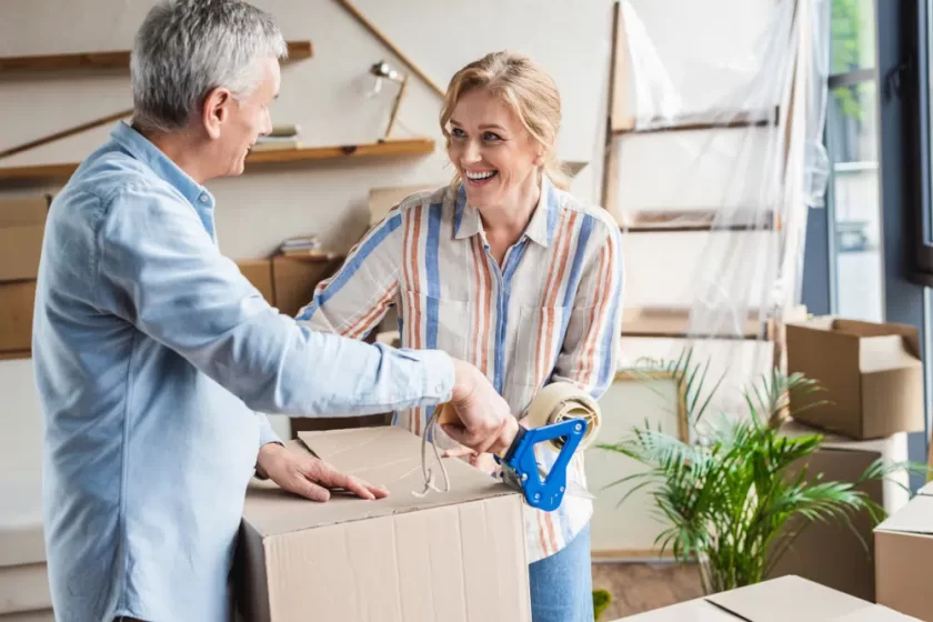 happy elderly couple packing cardboard boxes